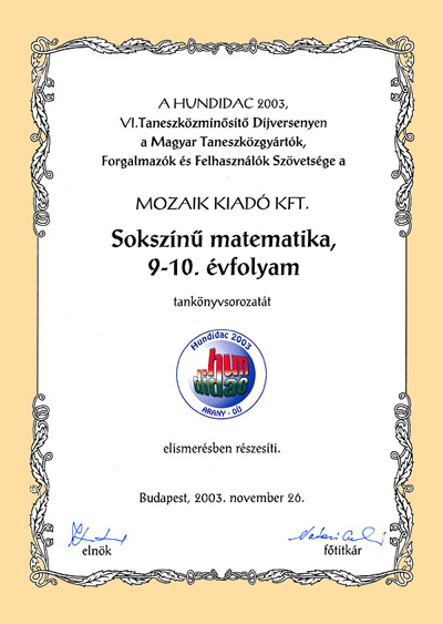 HUNDIDAC 2003 ARANY DIJ