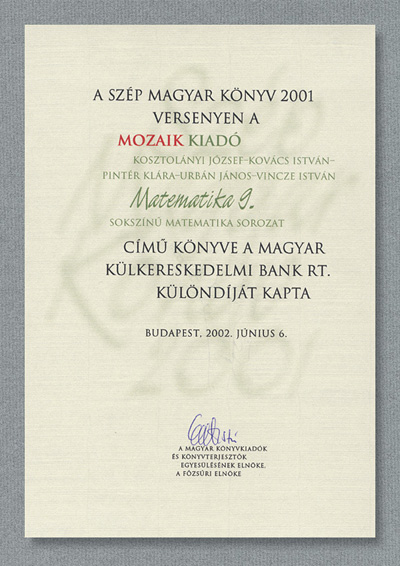 Szép Magyar Könyv 2001 MKB Különdíj