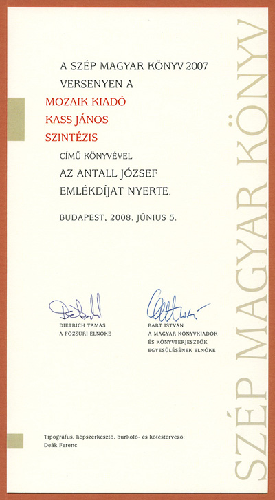 
Szp Magyar Knyv 2007 Antall Jzsef Emlkdj